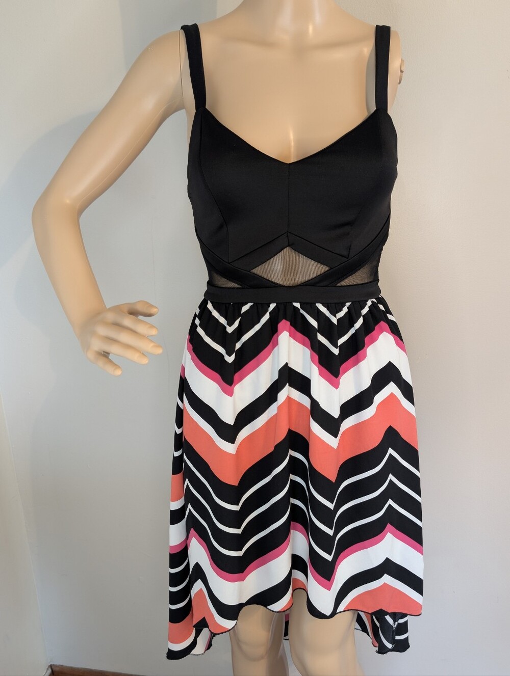 Charlotte Russe Black &Mesh Bodice High-Low Dress with Coral Multi Chevron Skirt